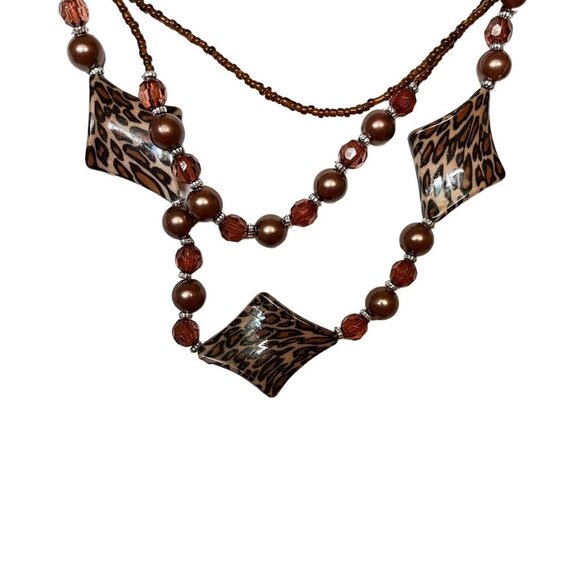 Animal Print Beaded Necklace With Brown & Amber Accents Triple Strand Unique Des - Picture 2 of 3